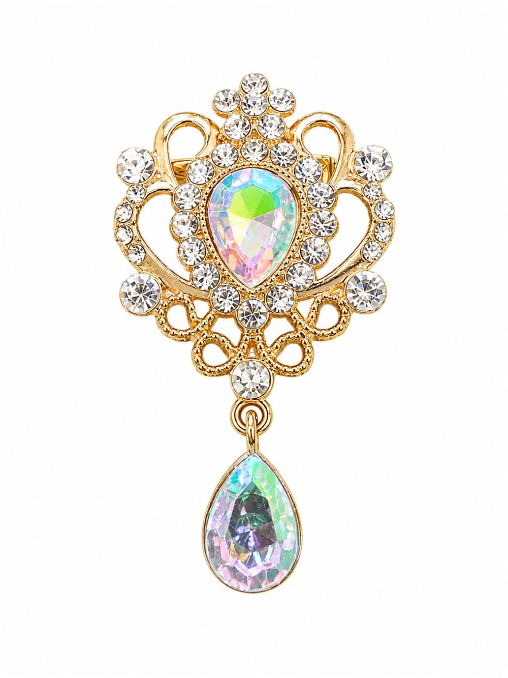 NEW Gold Tone AB Rhinestone Dangle Pin Iridescent Teardrop Crystal Brooch